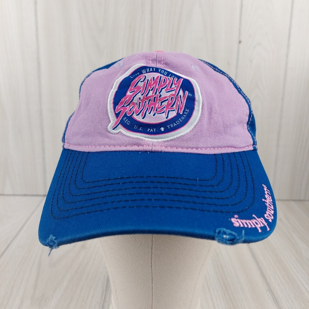 Simply Southern Baseball Hat Cap Women One Size Blue Pink Distressed Embroidered